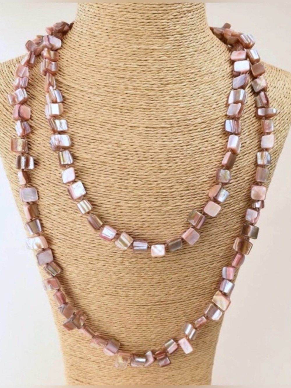 New Natural Genuine Mother of Pearl Shell Hand Beaded Long Wrap Necklace